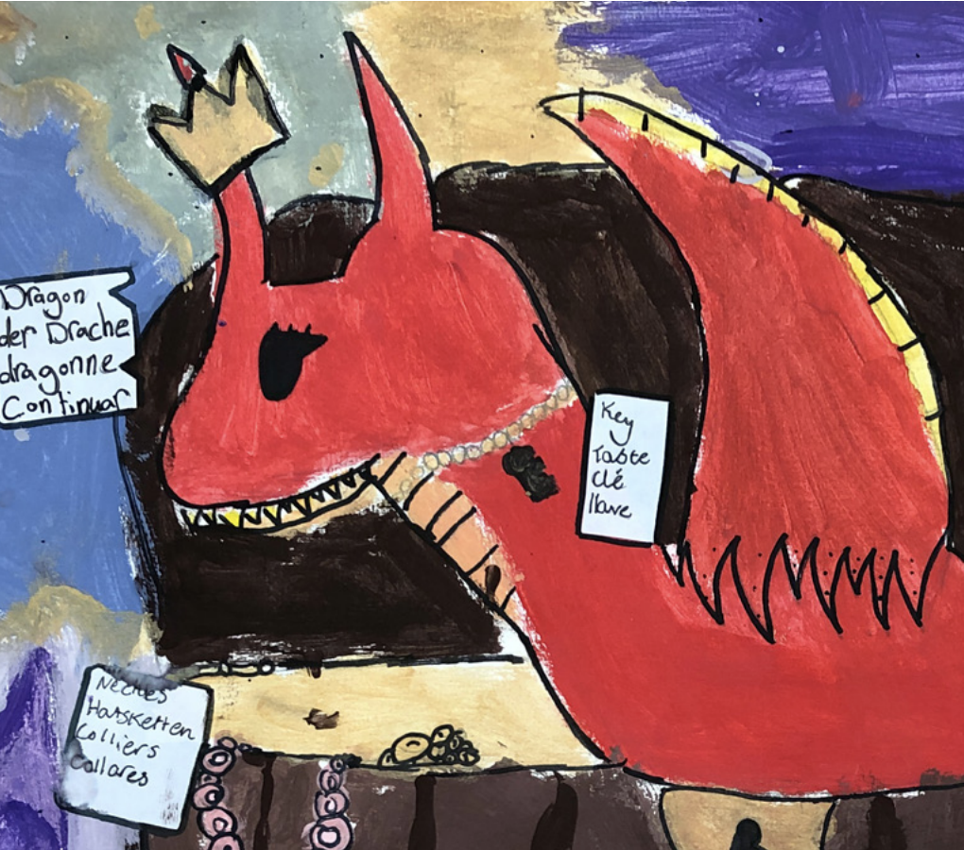 Image shows painted red dragon wearing a small golden crown. The image features hand-drawn text in multiple languages describing the picture: dragon, der drache, dragonne, continuar.